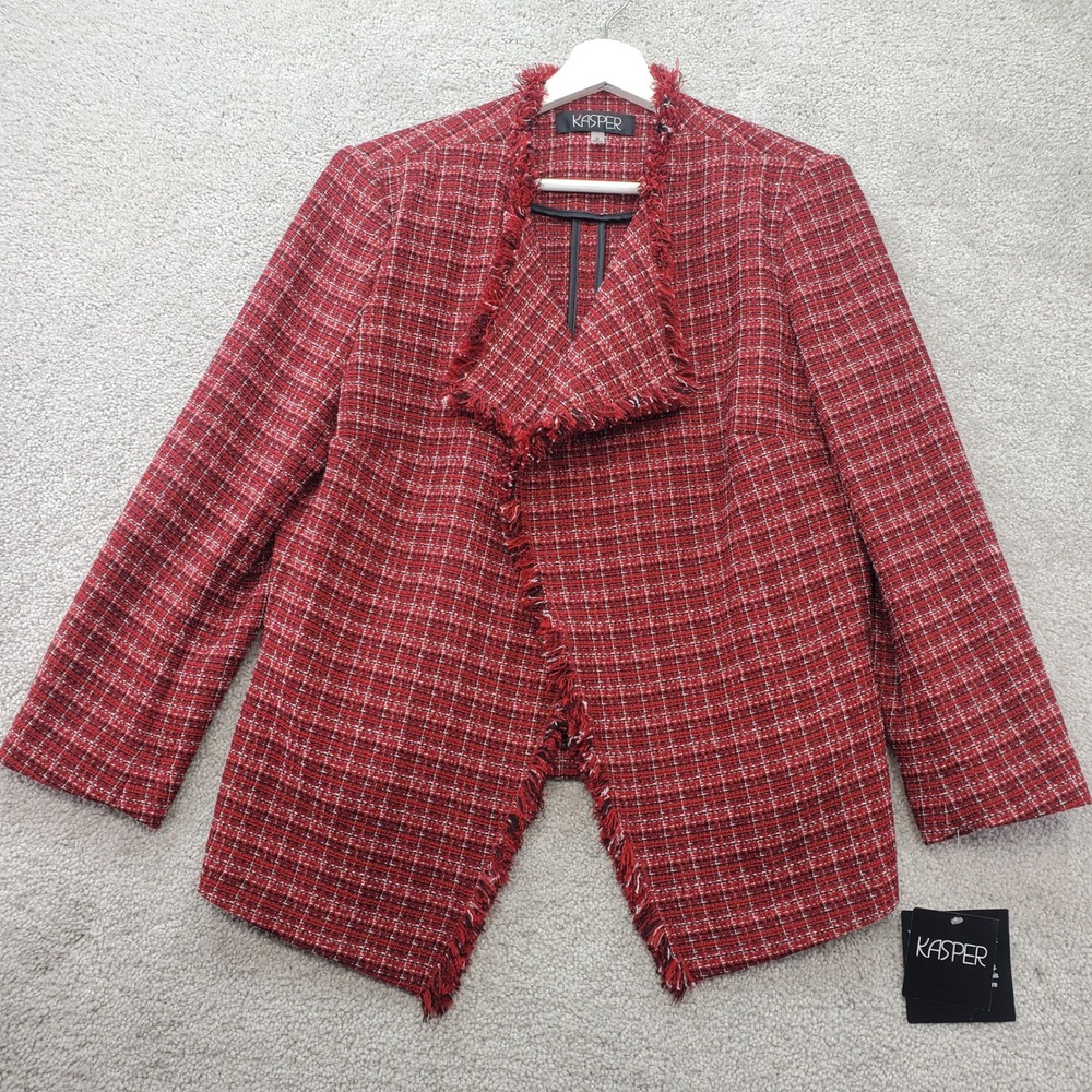 Kasper Tweed Blazer Womens Size M Fire Red Multi NWT Open Front Fringe Trim